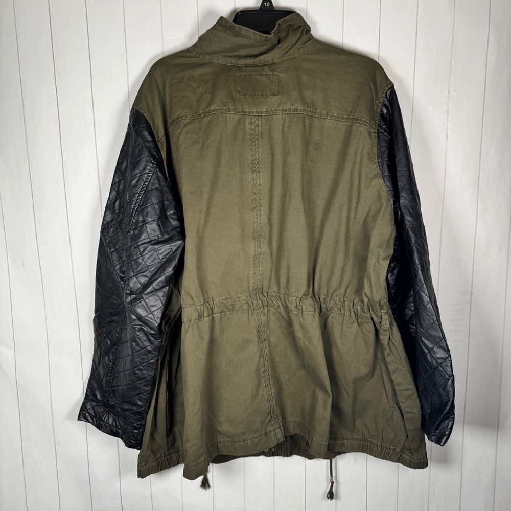 I.B. Diffusion Army Green Cotton Military Jacket Faux Leather Sleeves Grunge 4X - Picture 2 of 5